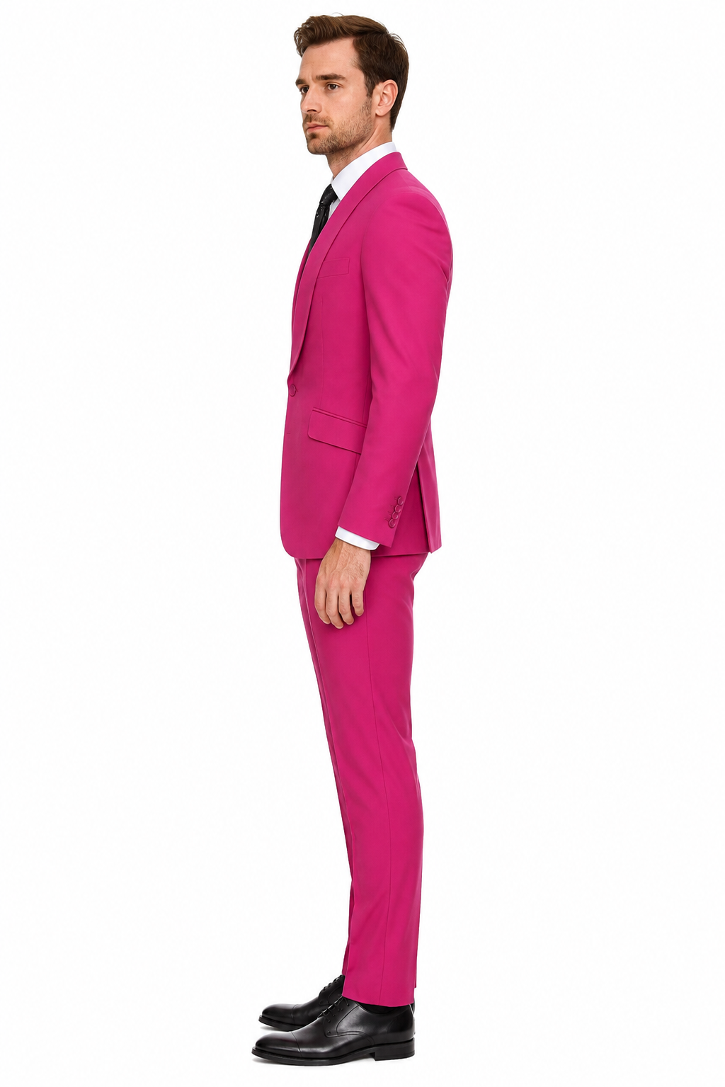 Mens Hot Pink Tuxedo Dinner Jacket + Pants with Shawl Lapel Slim Fit 2-Piece Suit for Weddings, Proms Suit in Fuchsia Colors - 36 Regular