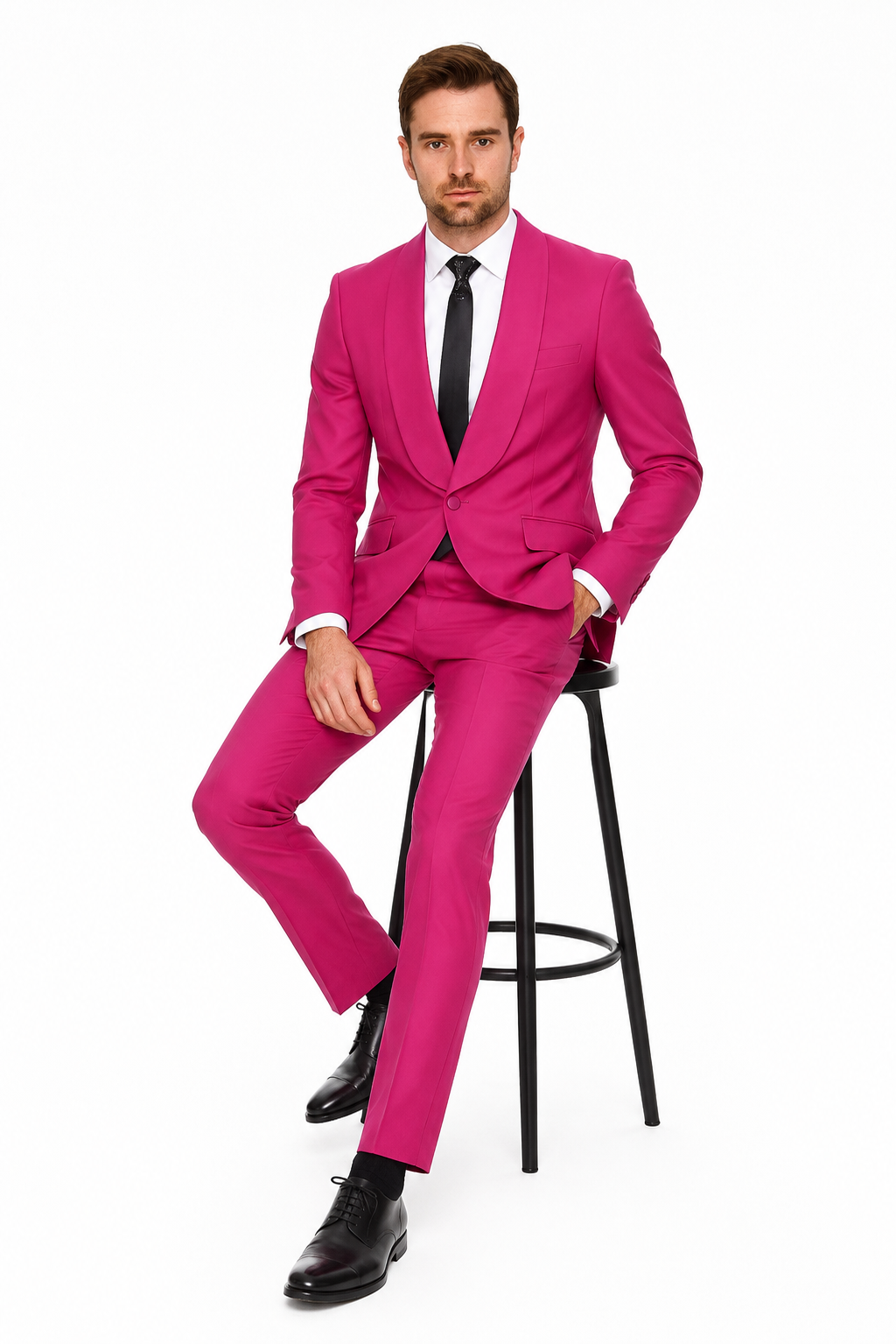Mens Hot Pink Tuxedo Dinner Jacket + Pants with Shawl Lapel Slim Fit 2-Piece Suit for Weddings, Proms Suit in Fuchsia Colors - 36 Regular