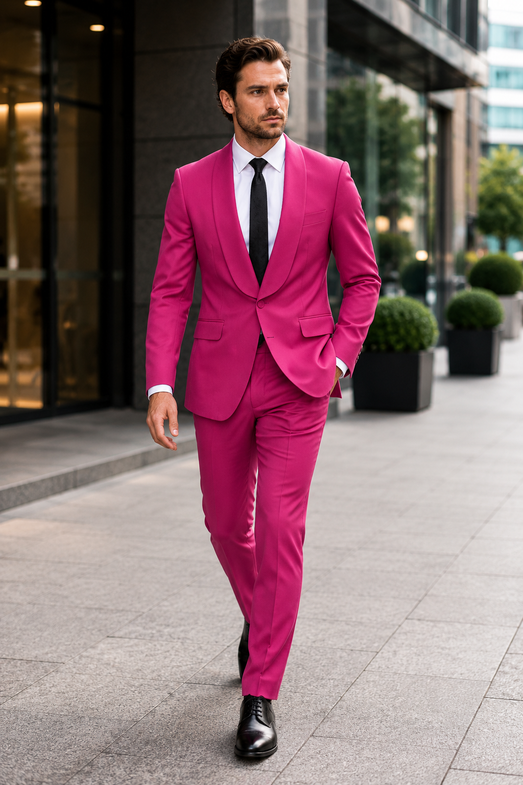 Mens Hot Pink Tuxedo Dinner Jacket + Pants with Shawl Lapel Slim Fit 2-Piece Suit for Weddings, Proms Suit in Fuchsia Colors - 36 Regular