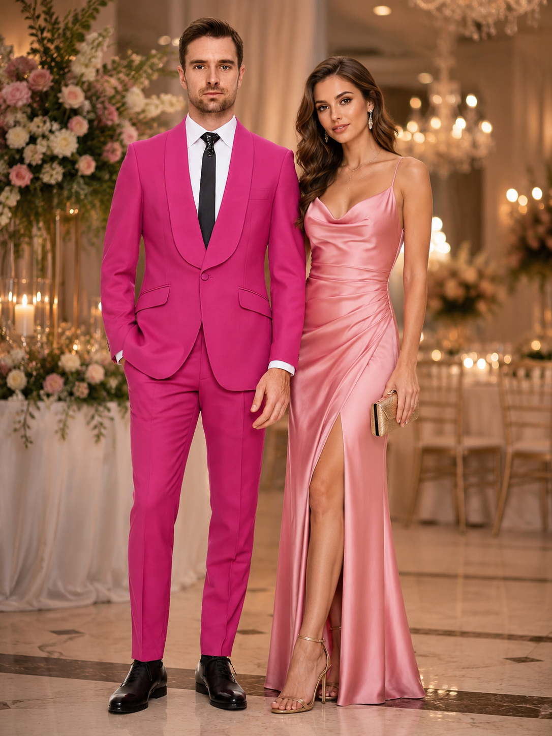 Mens Hot Pink Tuxedo Dinner Jacket + Pants with Shawl Lapel Slim Fit 2-Piece Suit for Weddings, Proms Suit in Fuchsia Colors - 36 Regular