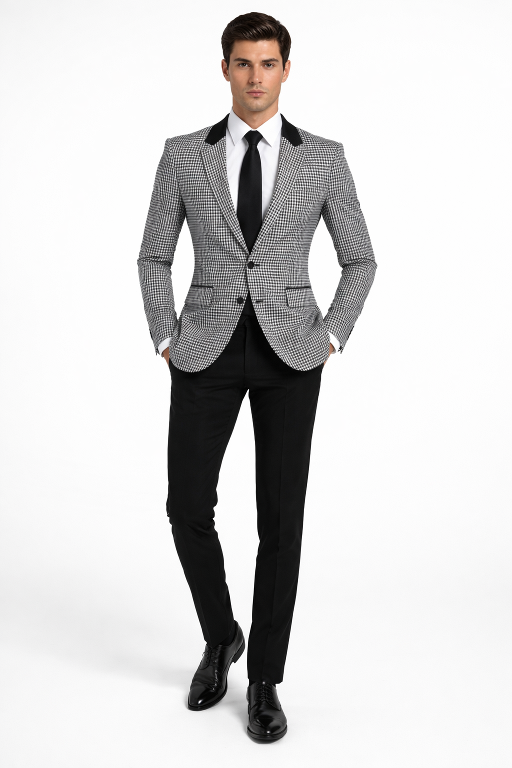 Mens Houndstooth Blazers Mens Two Button houndstooth checkered Designed Black ~ White Blazer - 38 Regular