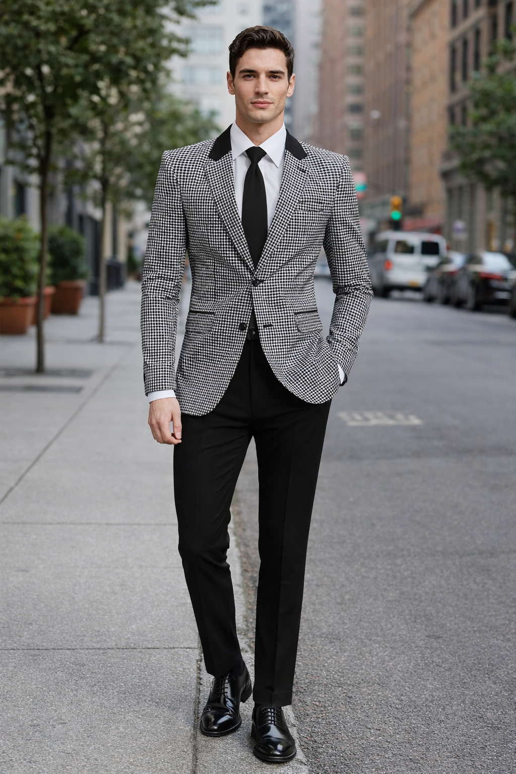 Mens Houndstooth Blazers Mens Two Button houndstooth checkered Designed Black ~ White Blazer - 38 Regular