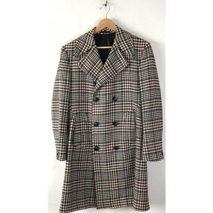 Mens Houndstooth Cream and Black Overcoat