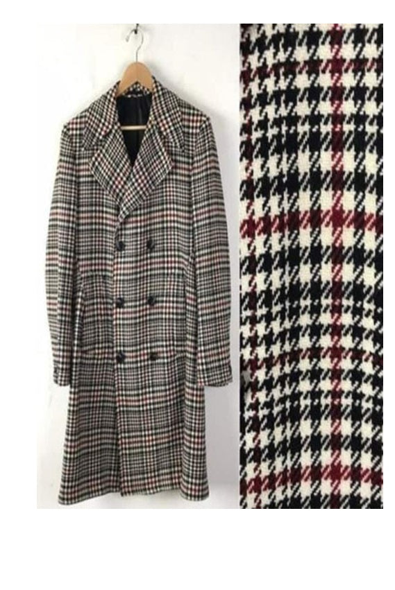 Mens Houndstooth Six Button Front Double Breasted Wool Overcoat