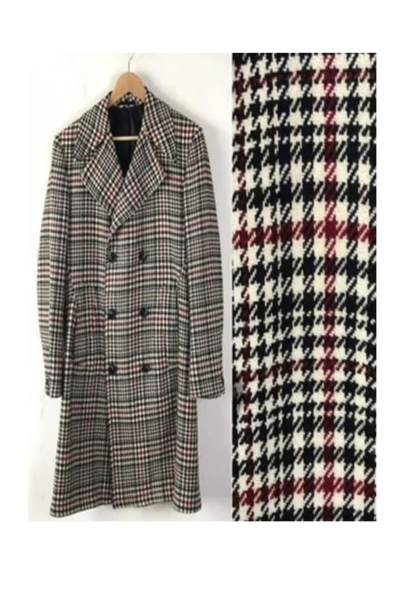 Mens Houndstooth Six Button Front Double Breasted Wool Overcoat - Coat Size 38