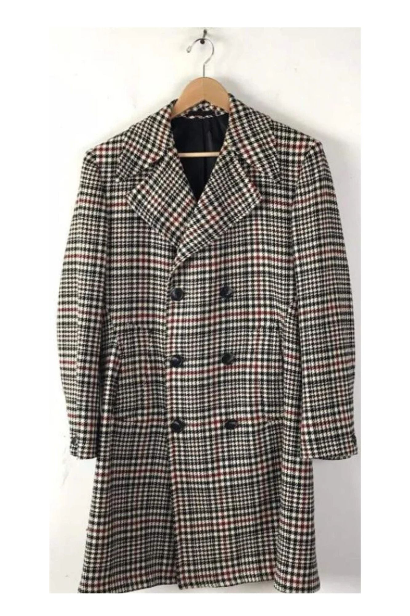 Mens Houndstooth Six Button Front Double Breasted Wool Overcoat - Coat Size 38
