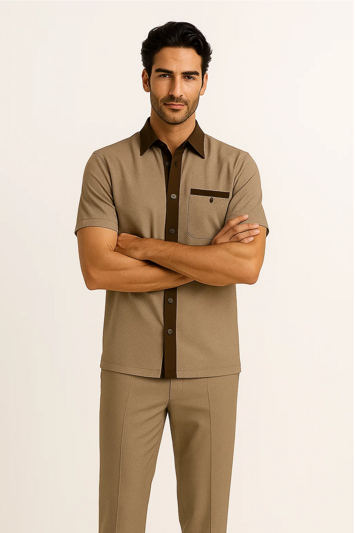 Mens Houndstooth Walking Suit by Dreams by Zacchi â€“ 2 Piece Lei sure Set in brown/tan- $99