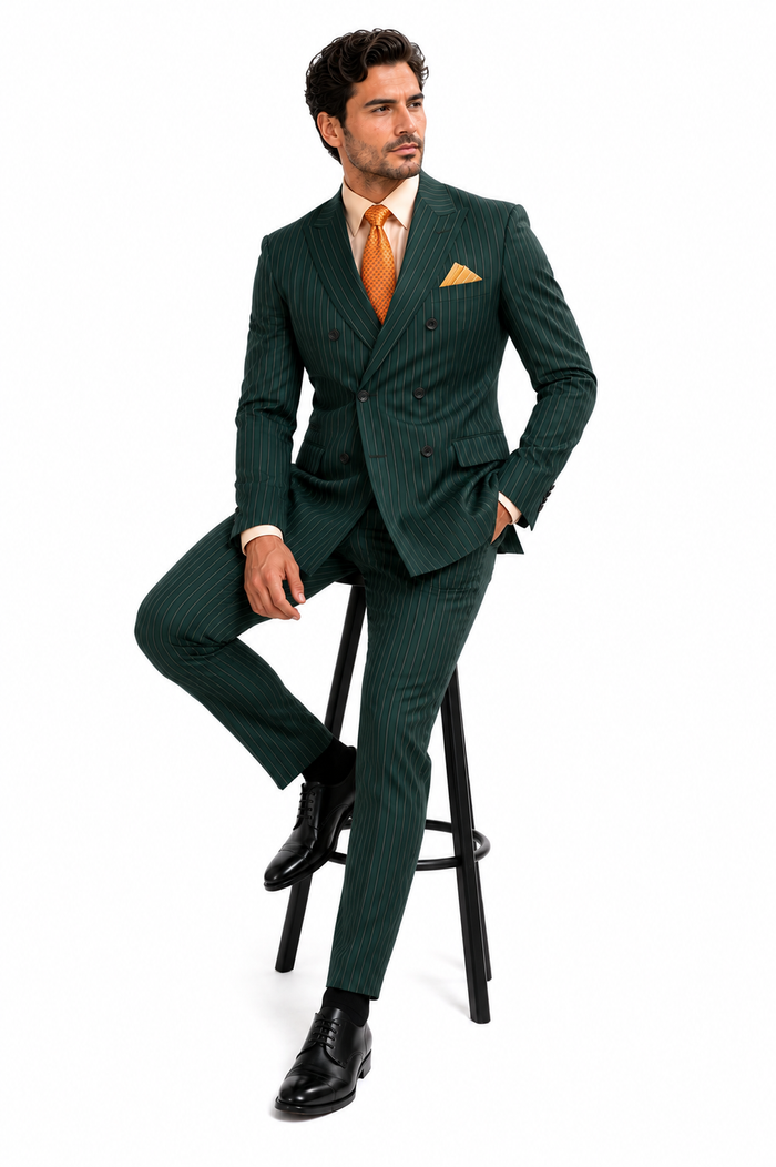 Mens Hunter Green Pinstripe Double-Breasted Suit Bold 6-Button Vintage Gangster Style 1920s Look