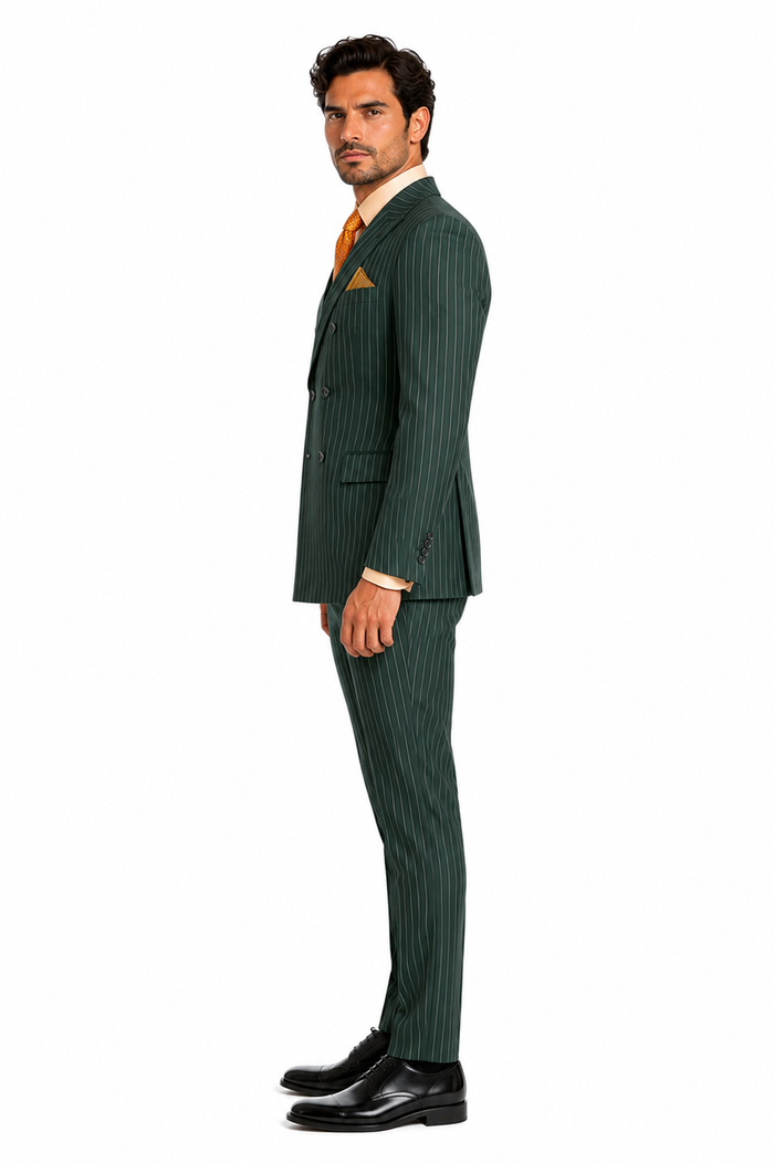 Mens Hunter Green Pinstripe Double-Breasted Suit Bold 6-Button Vintage Gangster Style 1920s Look
