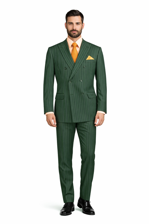 Mens Hunter Green Pinstripe Double-Breasted Suits Bold 6-Buttons Vintage Gangster Style 1920s Look