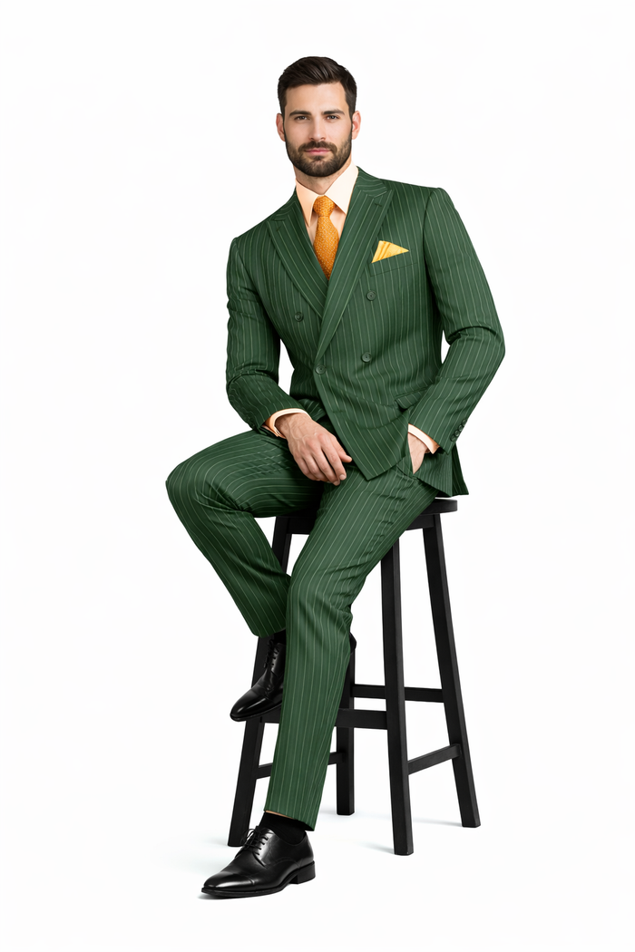Mens Hunter Green Pinstripe Double-Breasted Suits Bold 6-Buttons Vintage Gangster Style 1920s Look