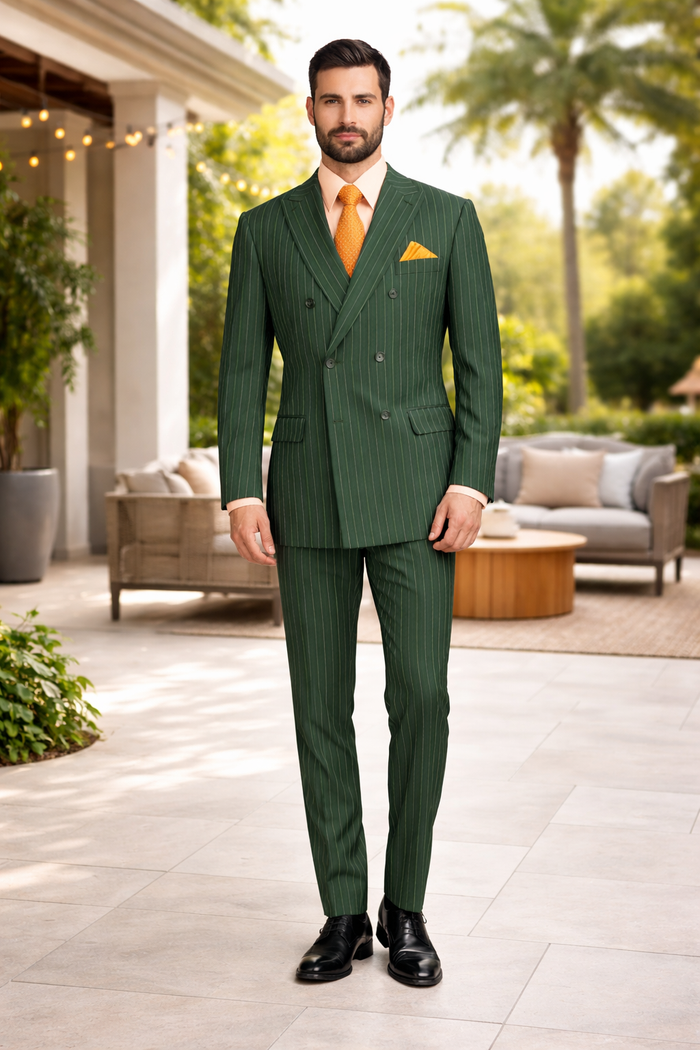 Mens Hunter Green Pinstripe Double-Breasted Suits Bold 6-Buttons Vintage Gangster Style 1920s Look