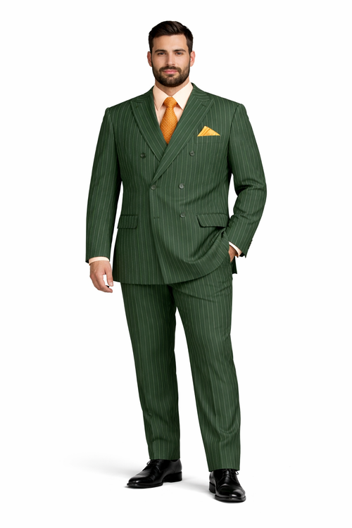Mens Hunter Green Pinstripe Double-Breasted Suits Bold 6-Buttons Vintage Gangster Style 1920s Look
