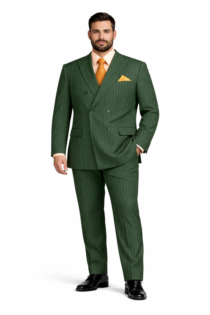 Mens Hunter Green Pinstripe Double-Breasted Suits Bold 6-Buttons Vintage Gangster Style 1920s Look