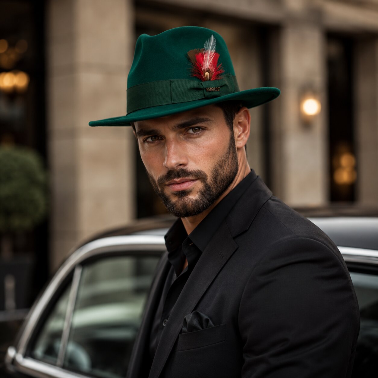 Gangster 100% Australian Wool Crushable Mens Fedora Hat - Removable Feather Gangster  Hunter Green Mens Fedora Hat - S