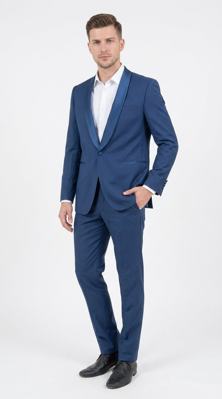Mens Indigo Cobalt Blue Light Royal Blue Tuxedo Suit – Satin Shawl Lapel Wedding, Prom and Formal 2-Piece Suit - 34 Short or Extra Small