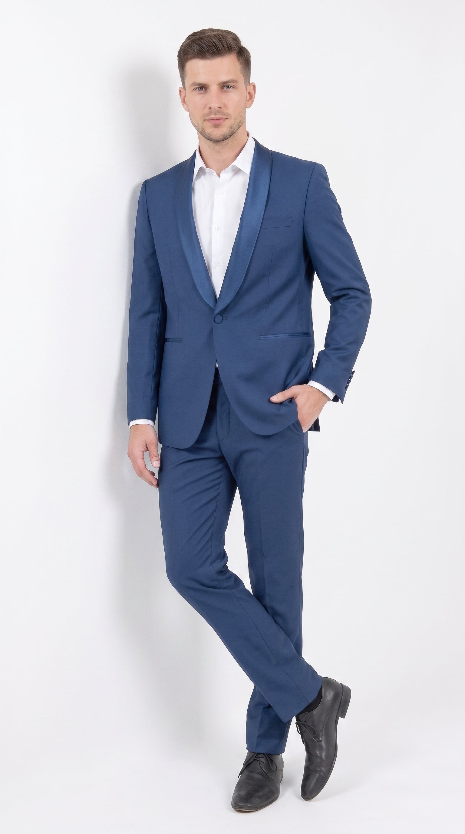 Mens Indigo Cobalt Blue Light Royal Blue Tuxedo Suit – Satin Shawl Lapel Wedding, Prom and Formal 2-Piece Suit - 34 Short or Extra Small
