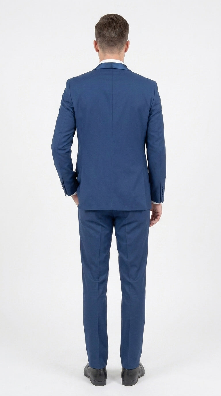Mens Indigo Cobalt Blue Light Royal Blue Tuxedo Suit – Satin Shawl Lapel Wedding, Prom and Formal 2-Piece Suit - 34 Short or Extra Small