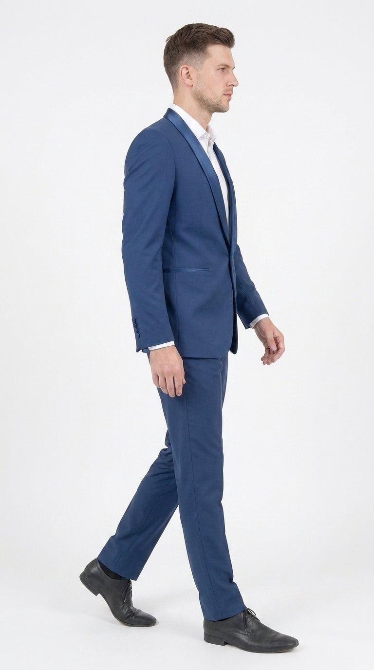 Mens Indigo Cobalt Blue Light Royal Blue Tuxedo Suit – Satin Shawl Lapel Wedding, Prom and Formal 2-Piece Suit - 34 Short or Extra Small