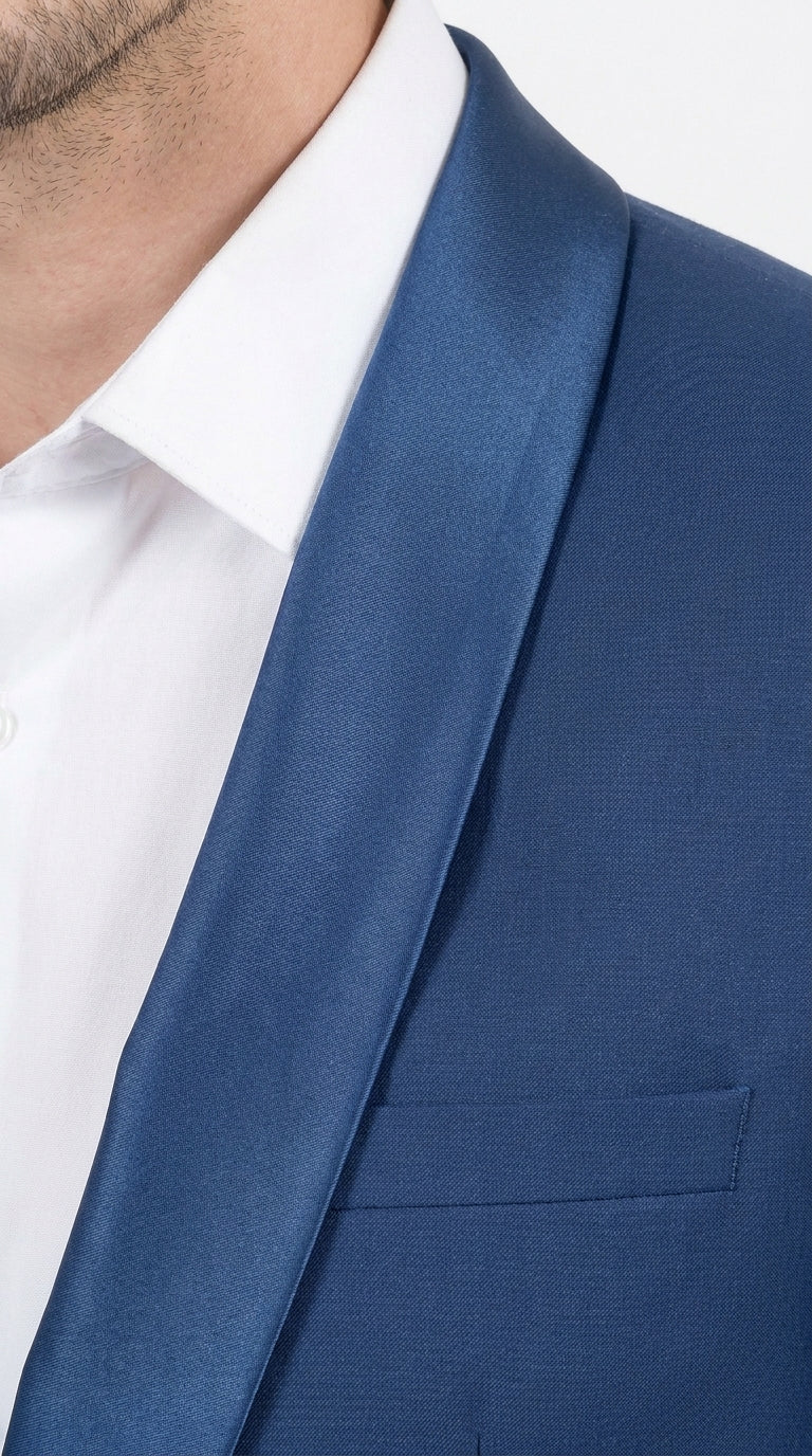 Mens Indigo Cobalt Blue Light Royal Blue Tuxedo Suit – Satin Shawl Lapel Wedding, Prom and Formal 2-Piece Suit - 34 Short or Extra Small