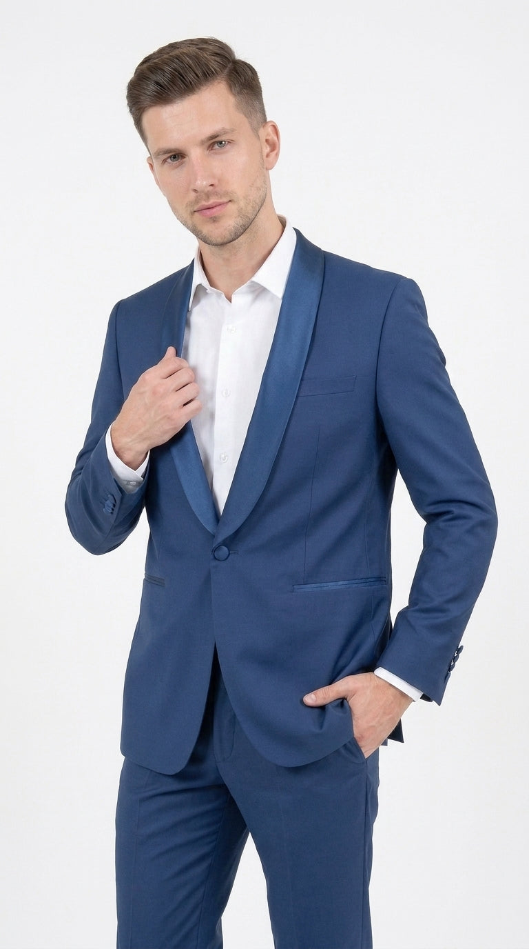 Mens Indigo Cobalt Blue Light Royal Blue Tuxedo Suit – Satin Shawl Lapel Wedding, Prom and Formal 2-Piece Suit - 34 Short or Extra Small