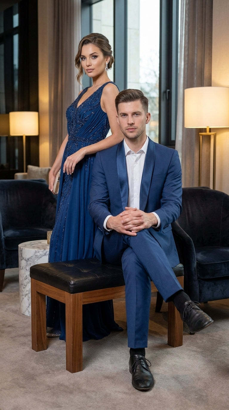 Mens Indigo Cobalt Blue Light Royal Blue Tuxedo Suit – Satin Shawl Lapel Wedding, Prom and Formal 2-Piece Suit - 34 Short or Extra Small
