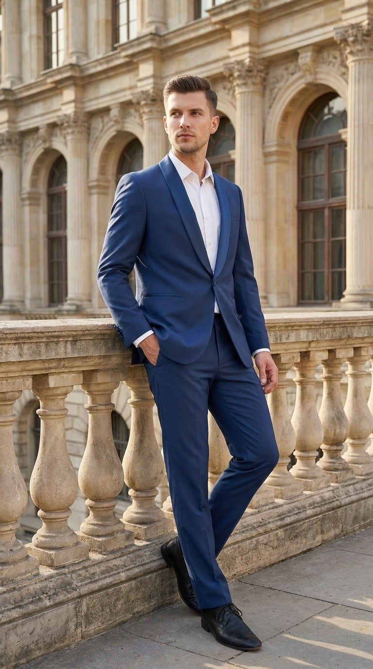 Mens Indigo Cobalt Blue Light Royal Blue Tuxedo Suit – Satin Shawl Lapel Wedding, Prom and Formal 2-Piece Suit - 34 Short or Extra Small