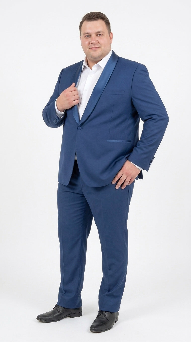 Mens Indigo Cobalt Blue Light Royal Blue Tuxedo Suit – Satin Shawl Lapel Wedding, Prom and Formal 2-Piece Suit - 34 Short or Extra Small