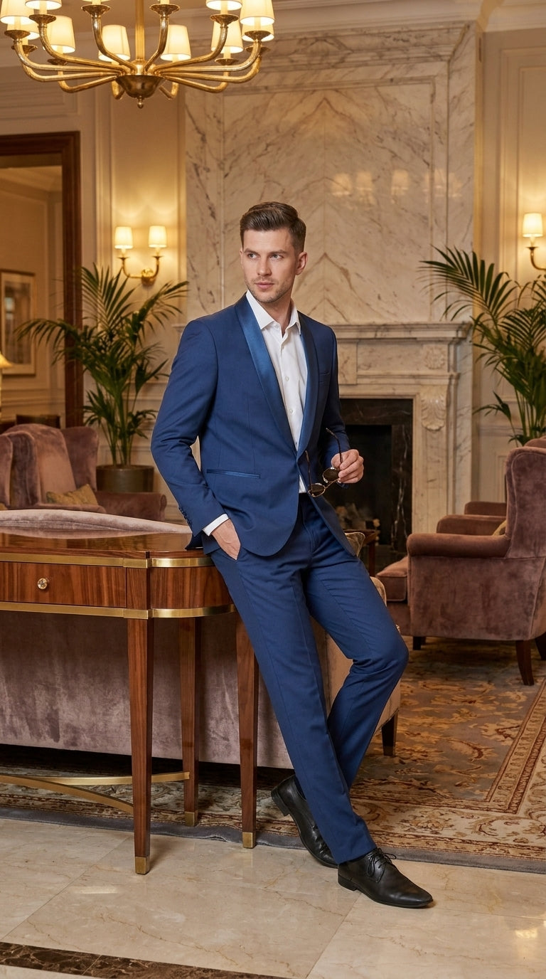 Mens Indigo Cobalt Blue Light Royal Blue Tuxedo Suit – Satin Shawl Lapel Wedding, Prom and Formal 2-Piece Suit - 34 Short or Extra Small