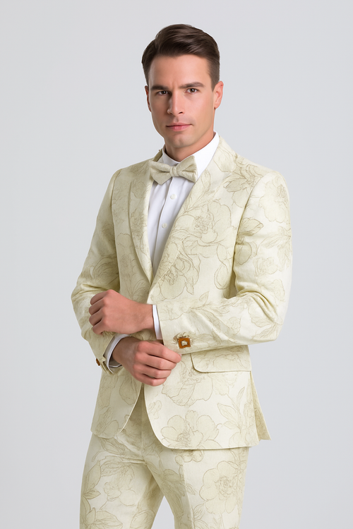 "Men's Ivory & Gold Floral Paisley Prom 2026 Tuxedo Suit"