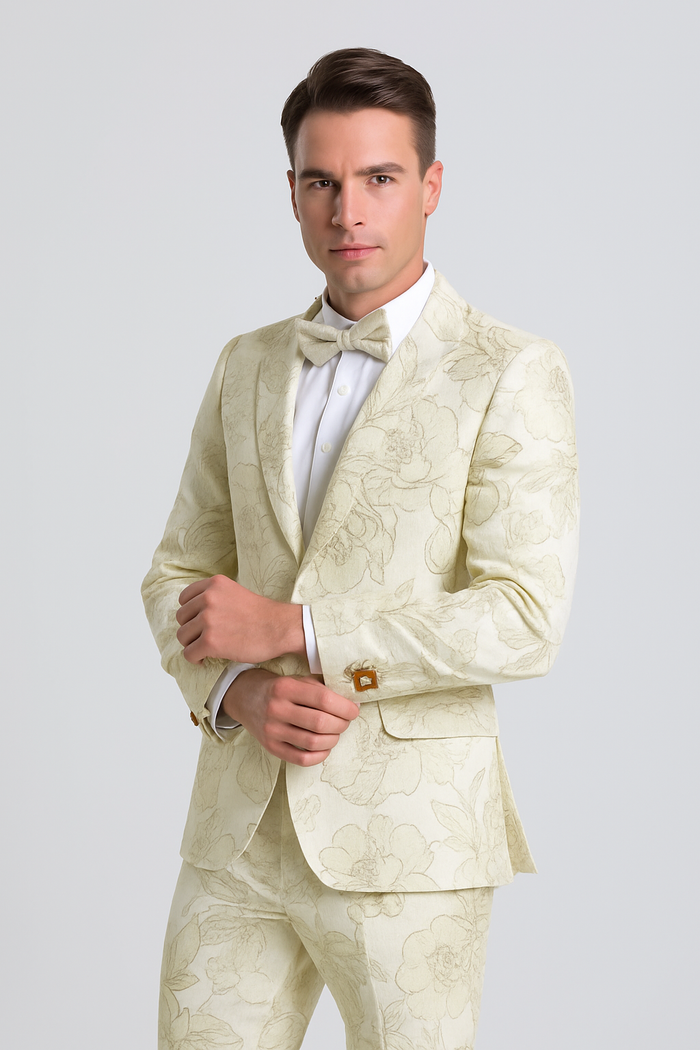 "Men's Ivory & Gold Floral Paisley Prom 2026 Tuxedo Suit"