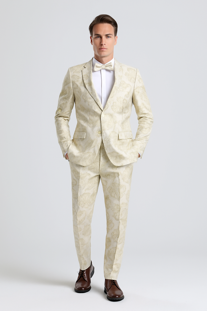 "Men's Ivory & Gold Floral Paisley Prom 2026 Tuxedo Suit"