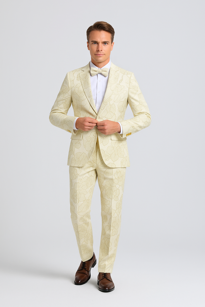 "Men's Ivory & Gold Floral Paisley Prom 2026 Tuxedo Suit"