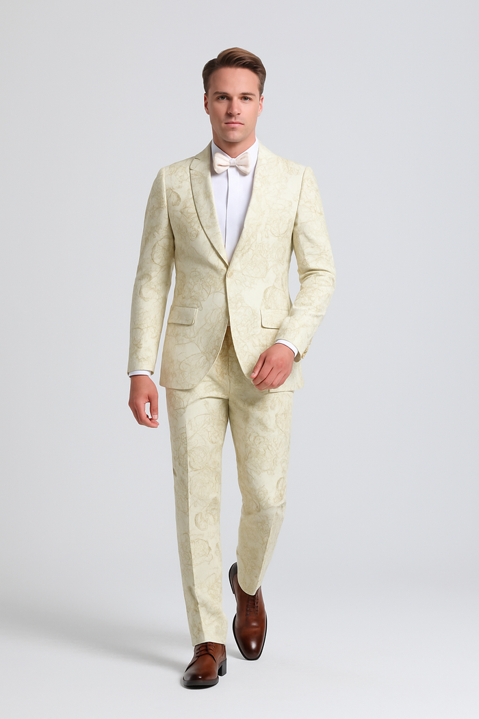 "Men's Ivory & Gold Floral Paisley Prom 2026 Tuxedo Suit"