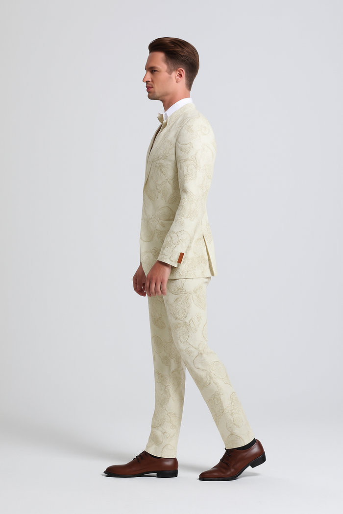 "Men's Ivory & Gold Floral Paisley Prom 2026 Tuxedo Suit"