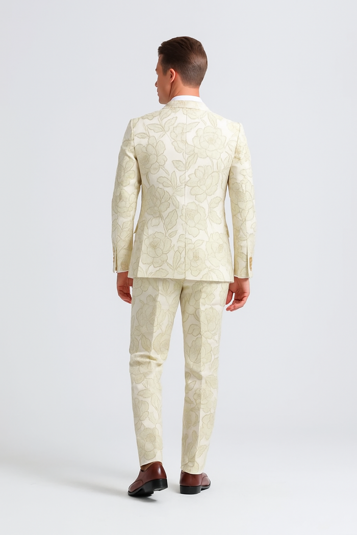 "Men's Ivory & Gold Floral Paisley Prom 2026 Tuxedo Suit"