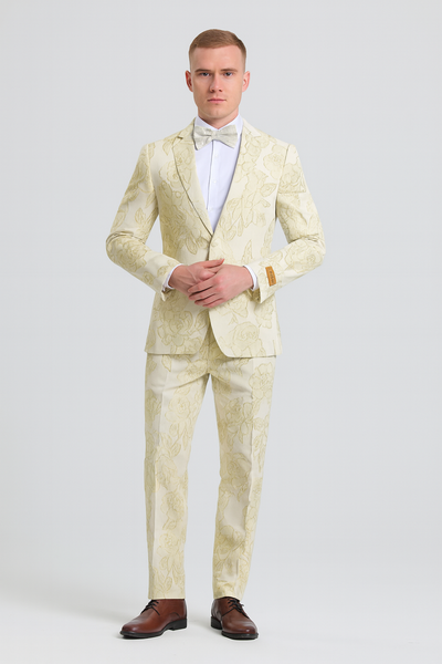 "Men's Ivory & Gold Floral Paisley Prom 2026 Tuxedo Suit"