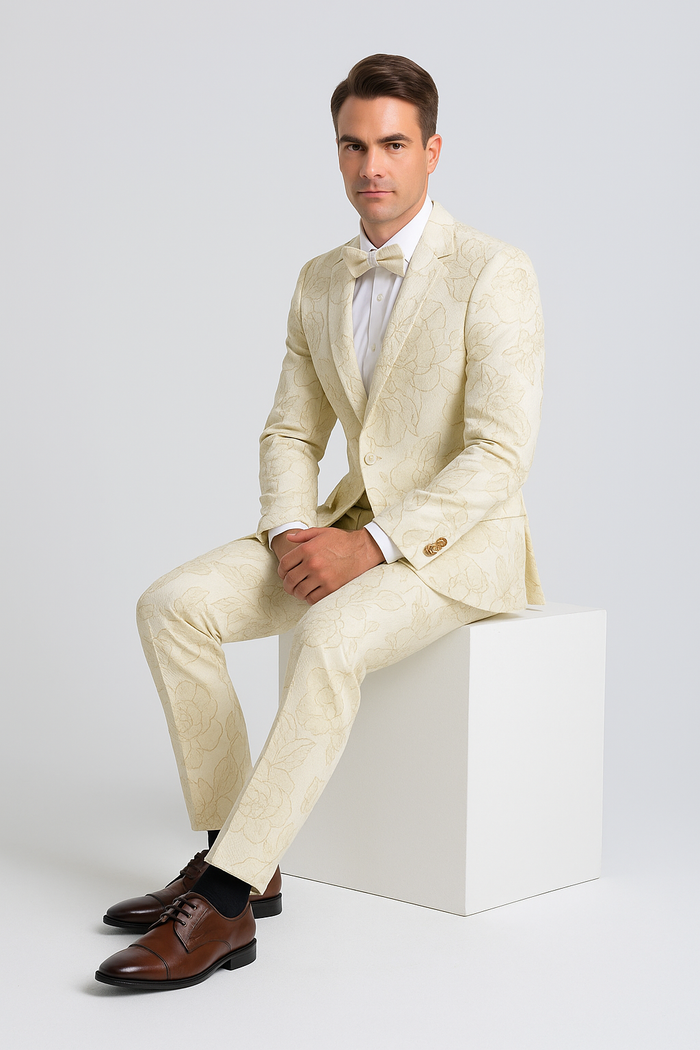 "Men's Ivory & Gold Floral Paisley Prom 2026 Tuxedo Suit"