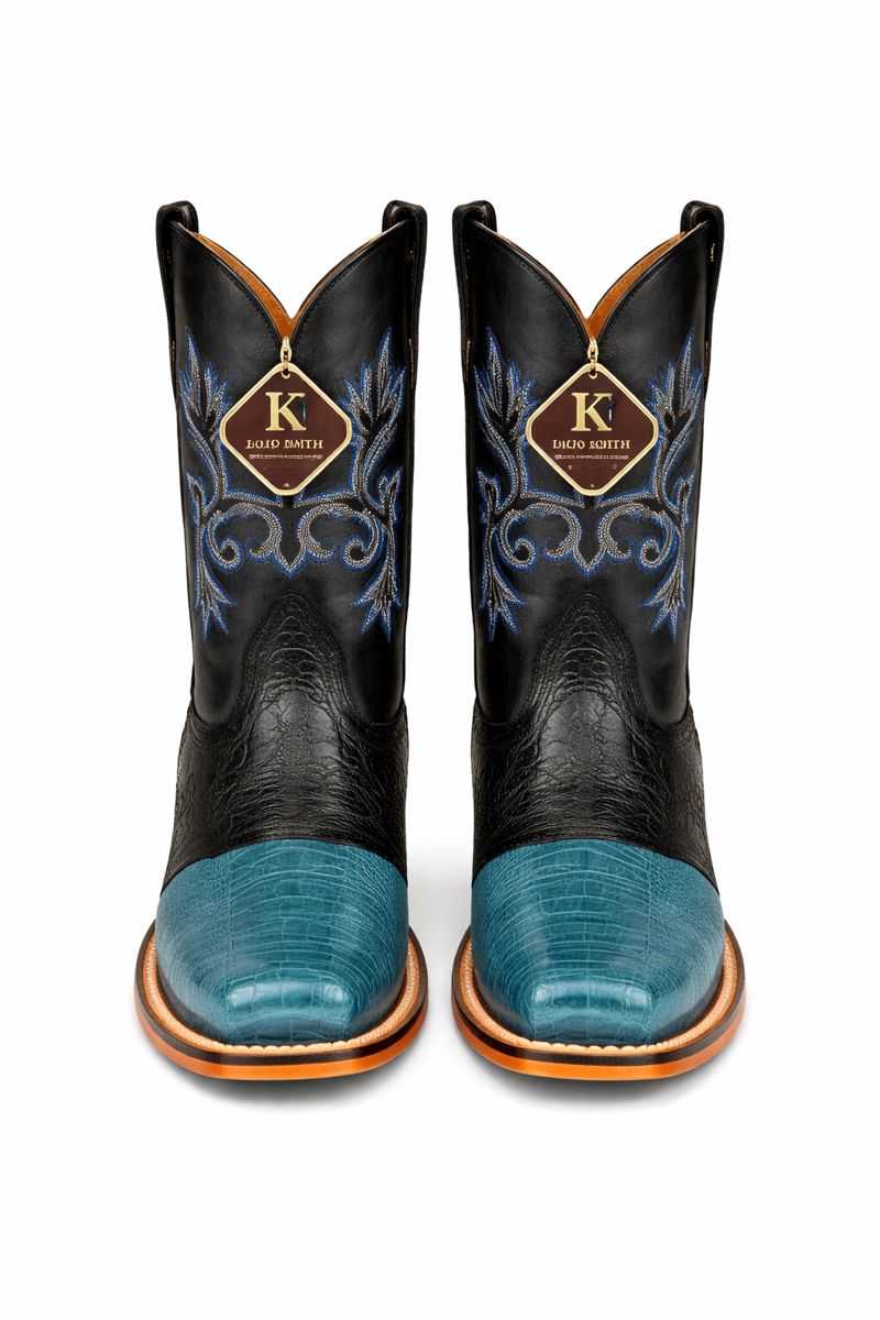 Men's King Exotic Ostrich Leg Square Toe Boots With Saddle Handmade Blue Jean (48170514)-New Designer Collection - 6 E