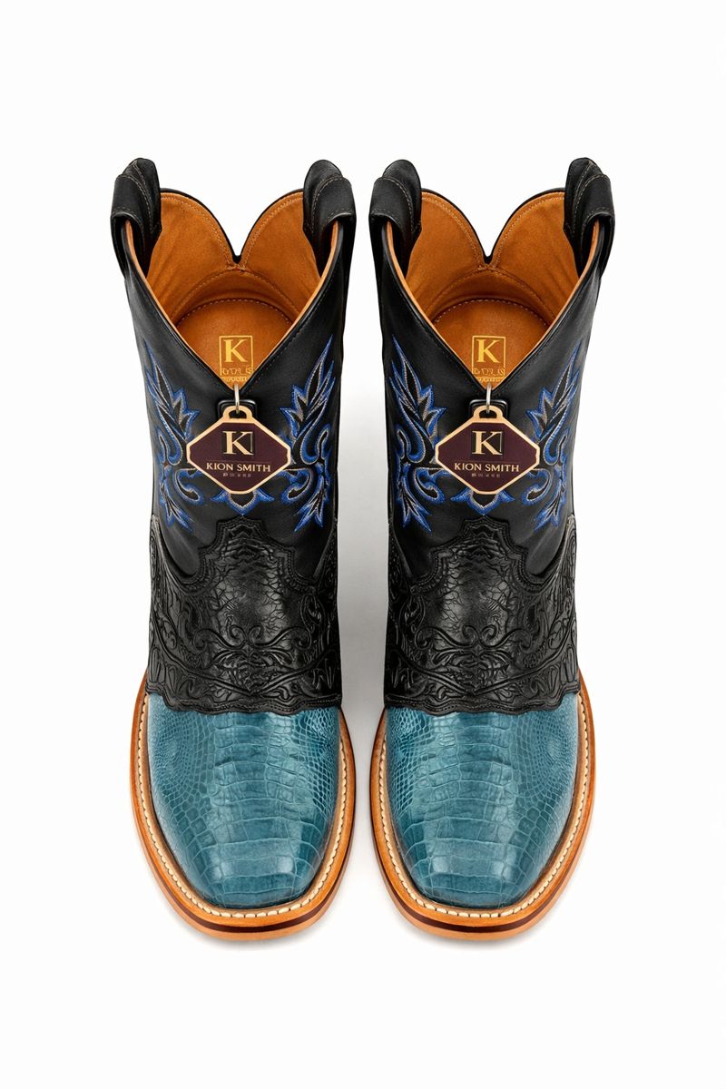 Men's King Exotic Ostrich Leg Square Toe Boots With Saddle Handmade Blue Jean (48170514)-New Designer Collection - 6 E
