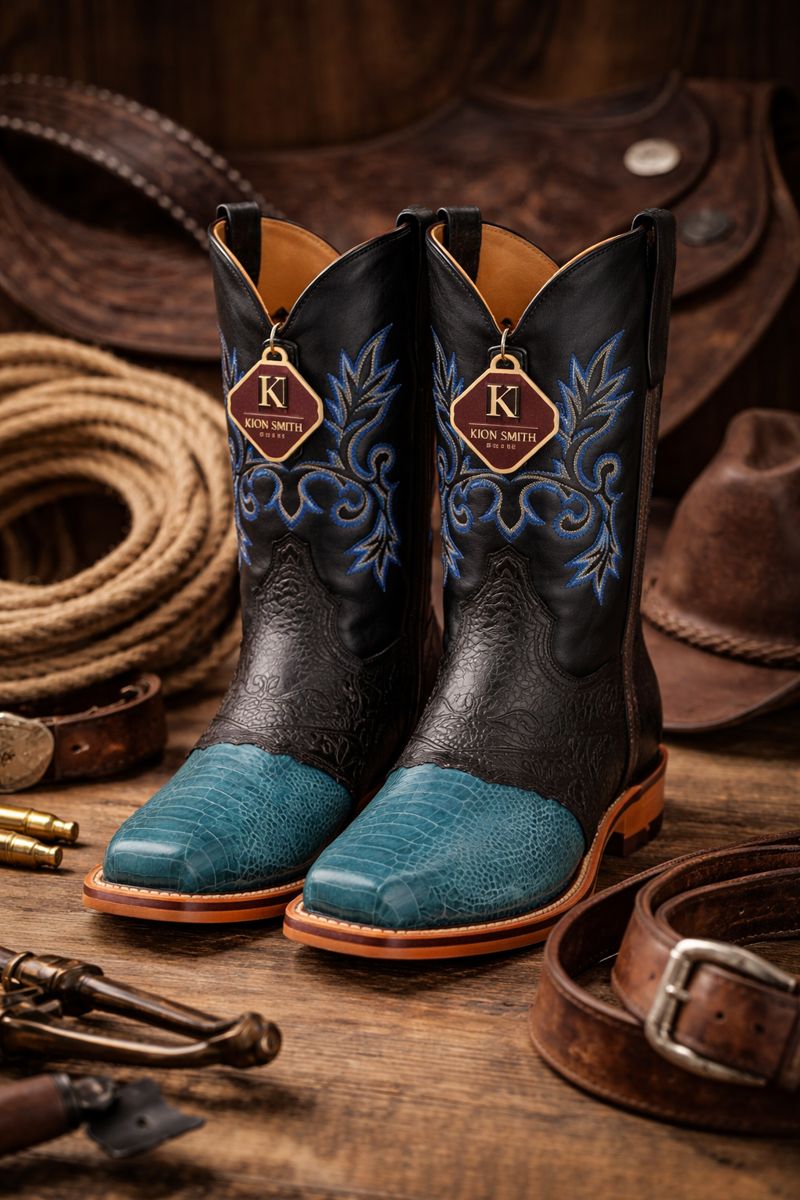 Men's King Exotic Ostrich Leg Square Toe Boots With Saddle Handmade Blue Jean (48170514)-New Designer Collection - 6 E