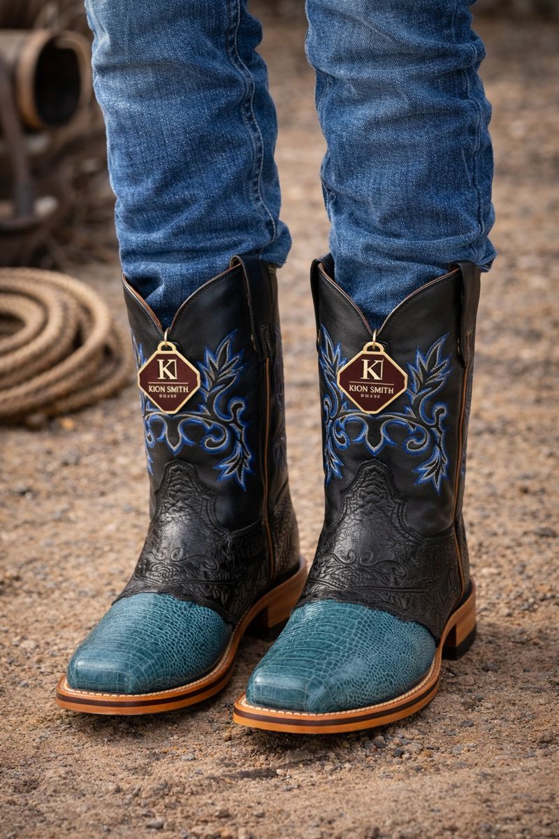 Men's King Exotic Ostrich Leg Square Toe Boots With Saddle Handmade Blue Jean (48170514)-New Designer Collection - 6 E