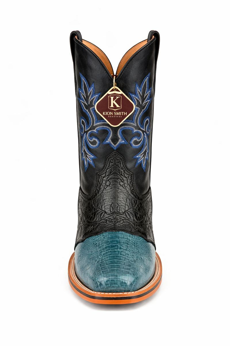 Men's King Exotic Ostrich Leg Square Toe Boots With Saddle Handmade Blue Jean (48170514)-New Designer Collection