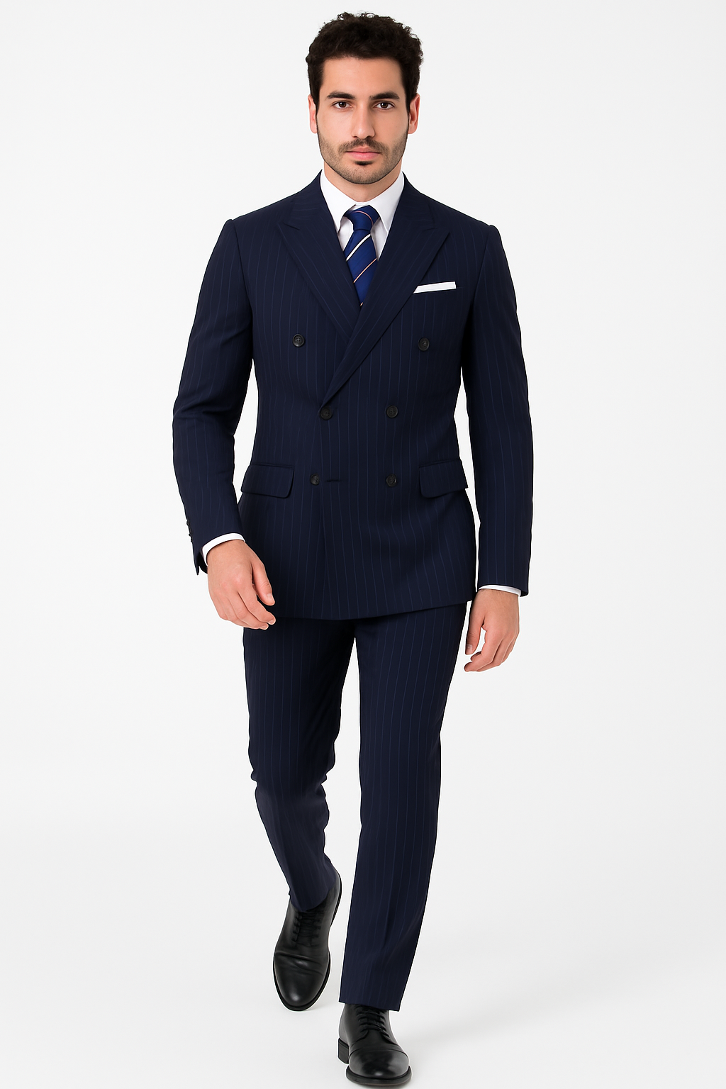 Mens Kingsman Double Breasted Navy Pinstripe Suit - New Arrival - 38 Short Jacket+32 Waist Adjustable 28to34)(Height: 5 4 to5 7 )(Neck  15-16.5)S-M)
