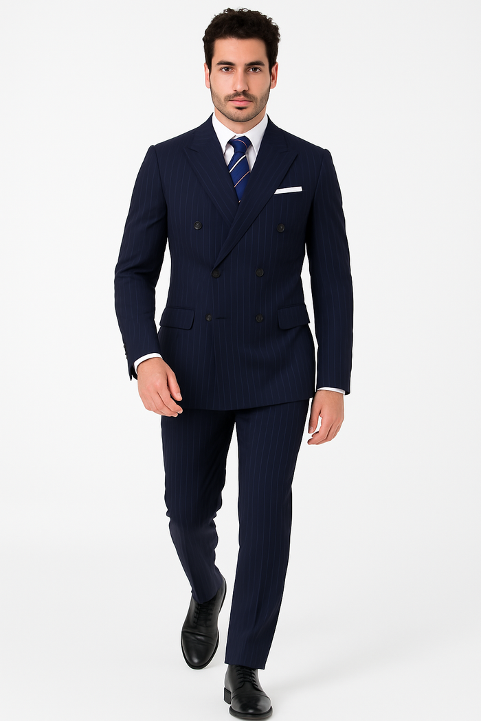 Mens Double Breasted Navy Pinstripe Suit - New Arrival