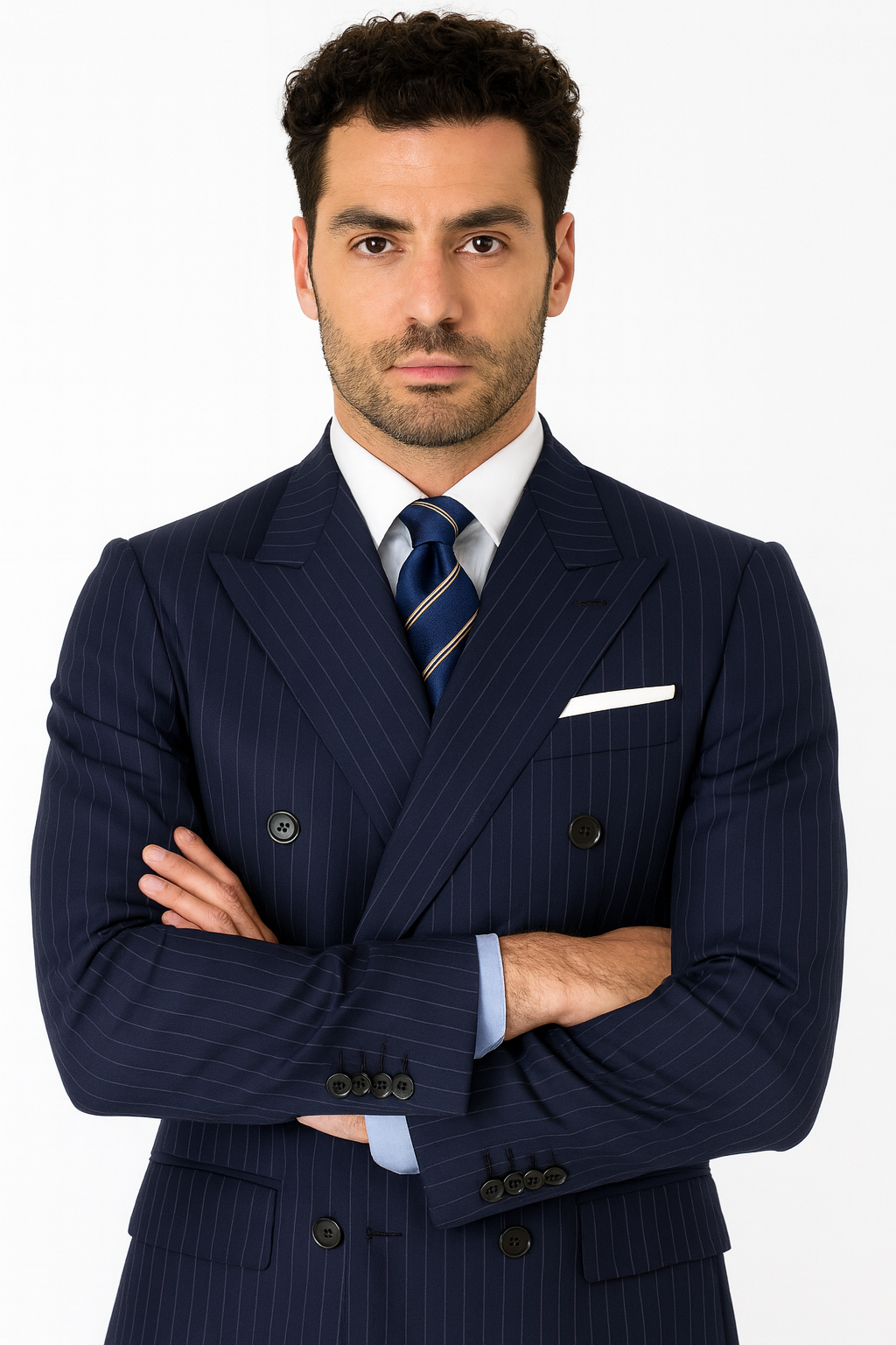 Mens Kingsman Double Breasted Navy Pinstripe Suit - New Arrival - 38 Short Jacket+32 Waist Adjustable 28to34)(Height: 5 4 to5 7 )(Neck  15-16.5)S-M)