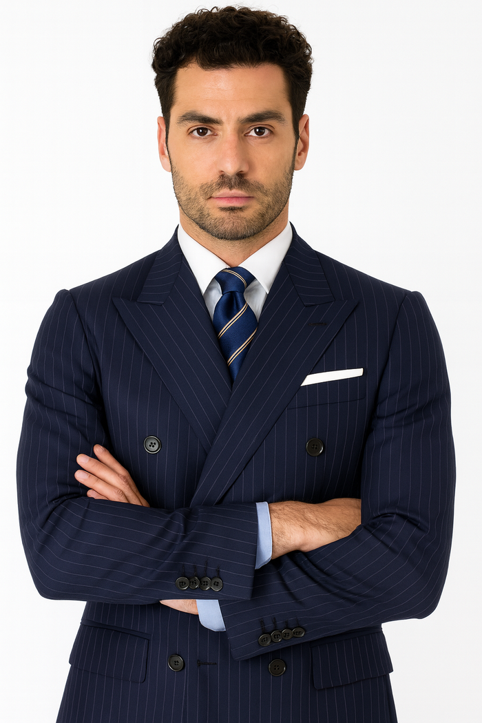 Mens Double Breasted Navy Pinstripe Suit - New Arrival