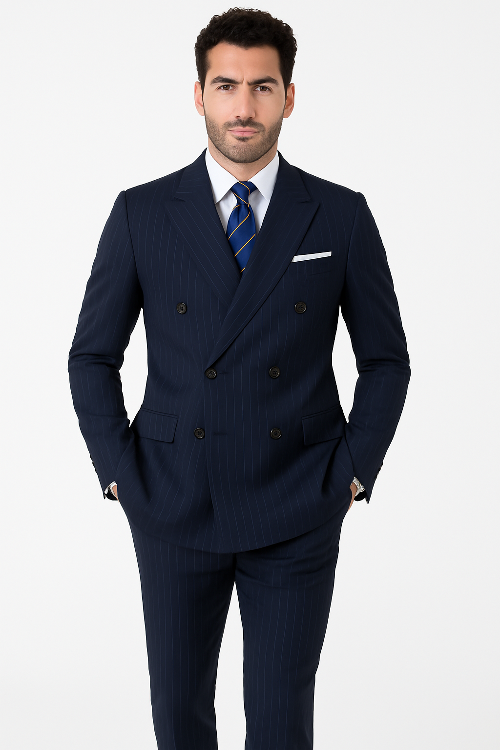 Mens Kingsman Double Breasted Navy Pinstripe Suit - New Arrival - 38 Short Jacket+32 Waist Adjustable 28to34)(Height: 5 4 to5 7 )(Neck  15-16.5)S-M)