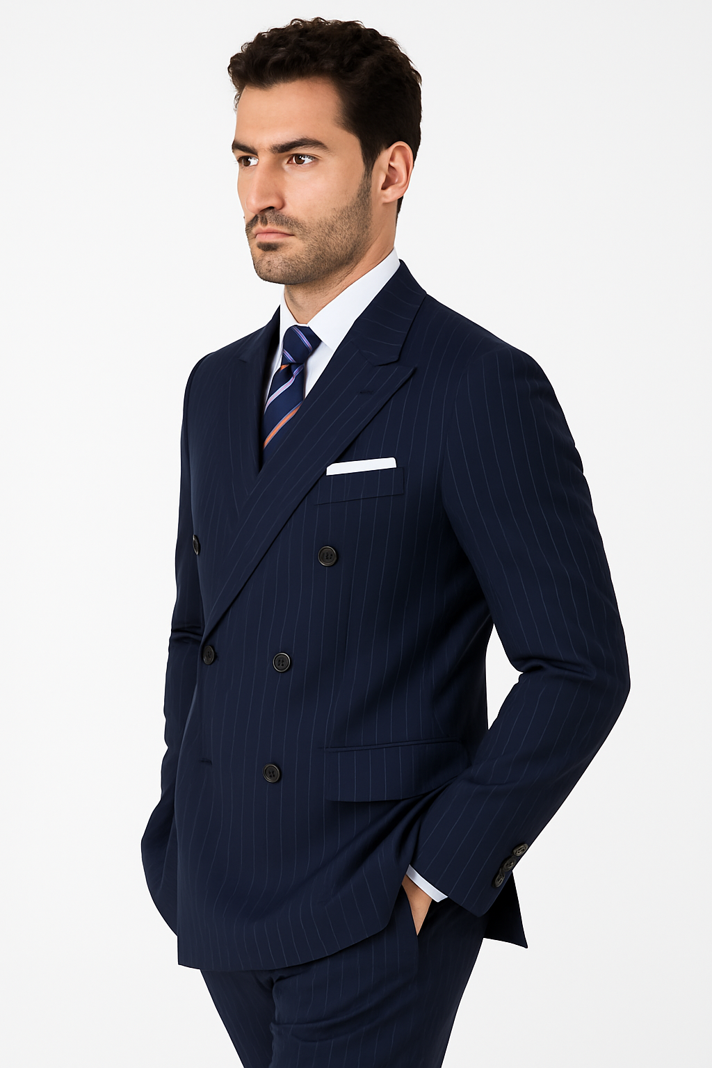 Mens Kingsman Double Breasted Navy Pinstripe Suit - New Arrival - 38 Short Jacket+32 Waist Adjustable 28to34)(Height: 5 4 to5 7 )(Neck  15-16.5)S-M)
