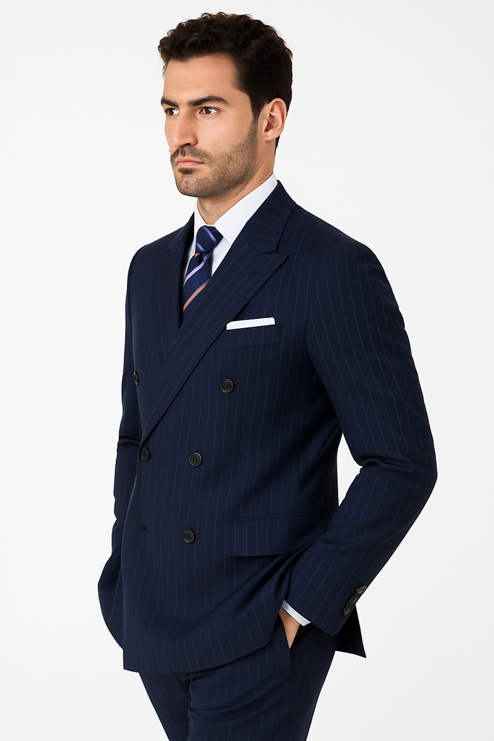 Mens Double Breasted Navy Pinstripe Suit - New Arrival